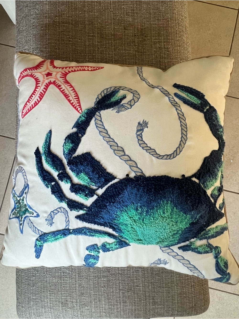 Pier 1 Imports Nautical Crab Starfish Decorative Throw Pillow - 18”x18”